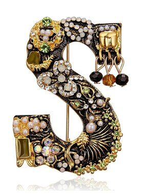 Walbest Brooch Pins Rhinestone Faux Pearl Letter S